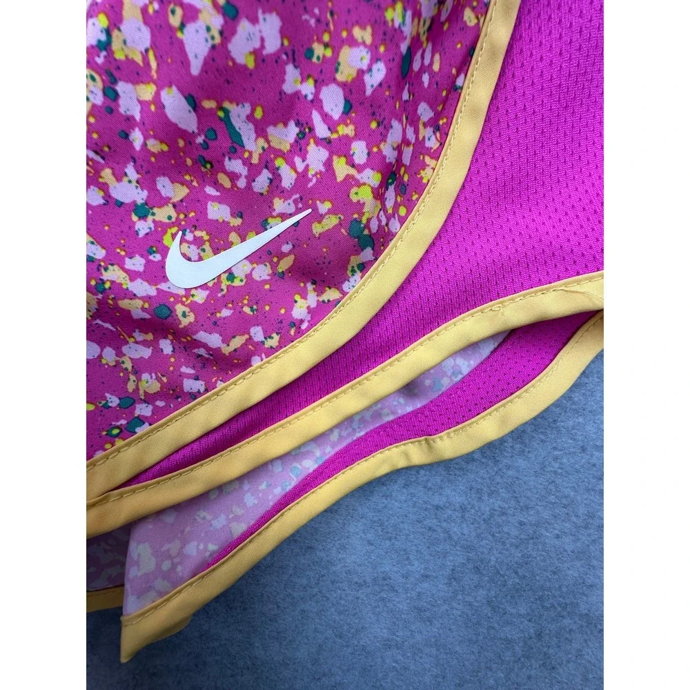 Nike Dri-FIT Womens Running Shorts Pink Floral Splatter Print Yellow Trim Size M